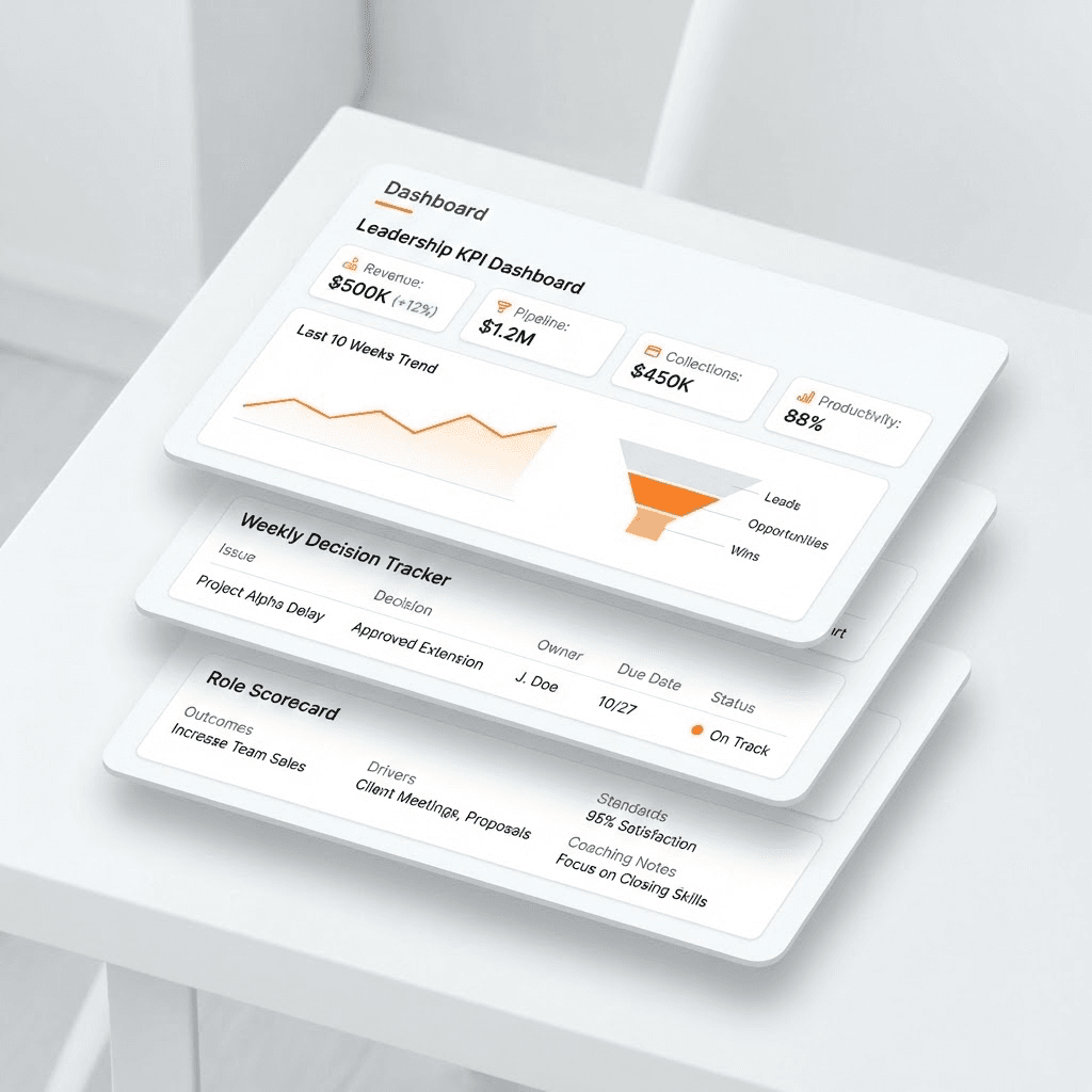 PerfHr operating assets composite: leadership dashboard, decision tracker, and role scorecard.