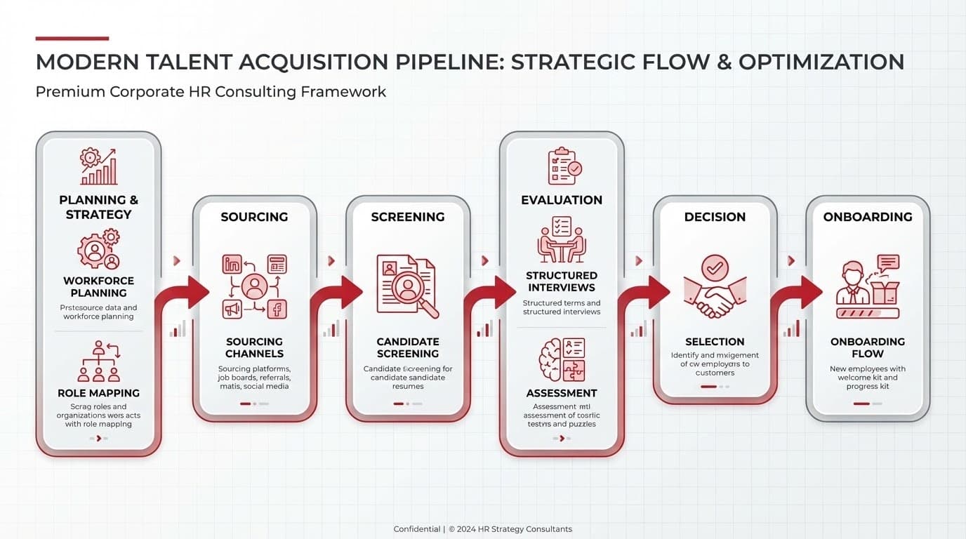 PerfHr talent acquisition pipeline covering planning, sourcing, screening, interviews, decision, and onboarding.